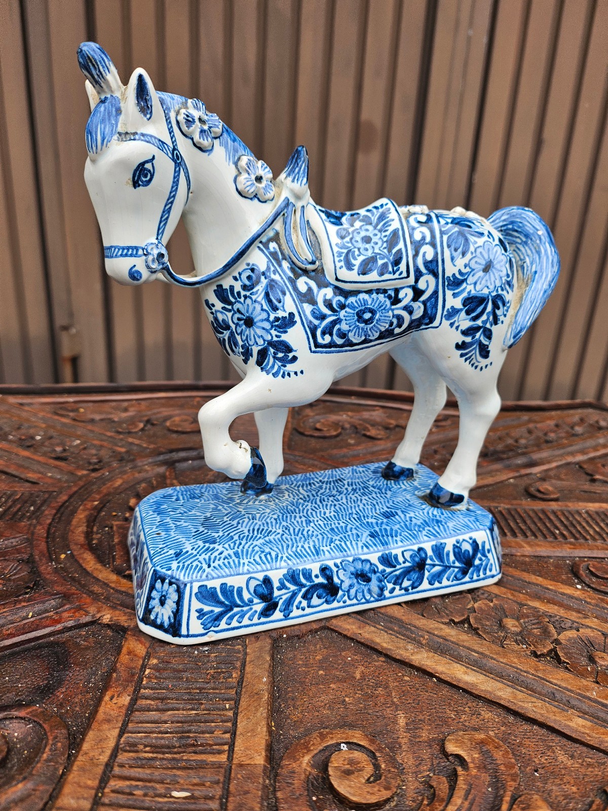 Vintage Delft blue white earthenware Saddled horse statue marked