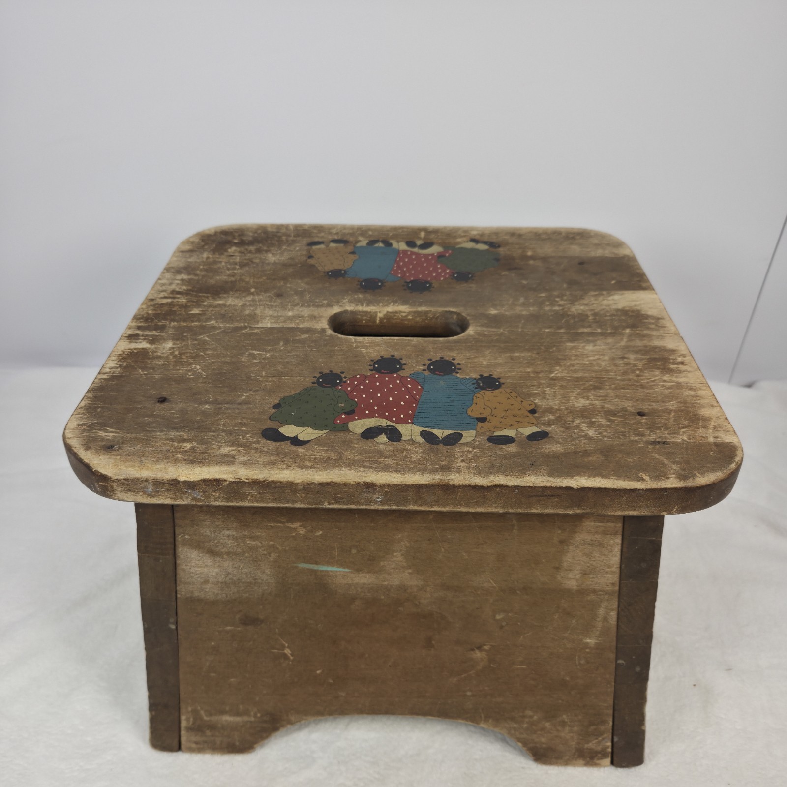 Vintage Folk Art Hand Painted Wood Footstool 12.75″x11″x9.75″ Family Time Step