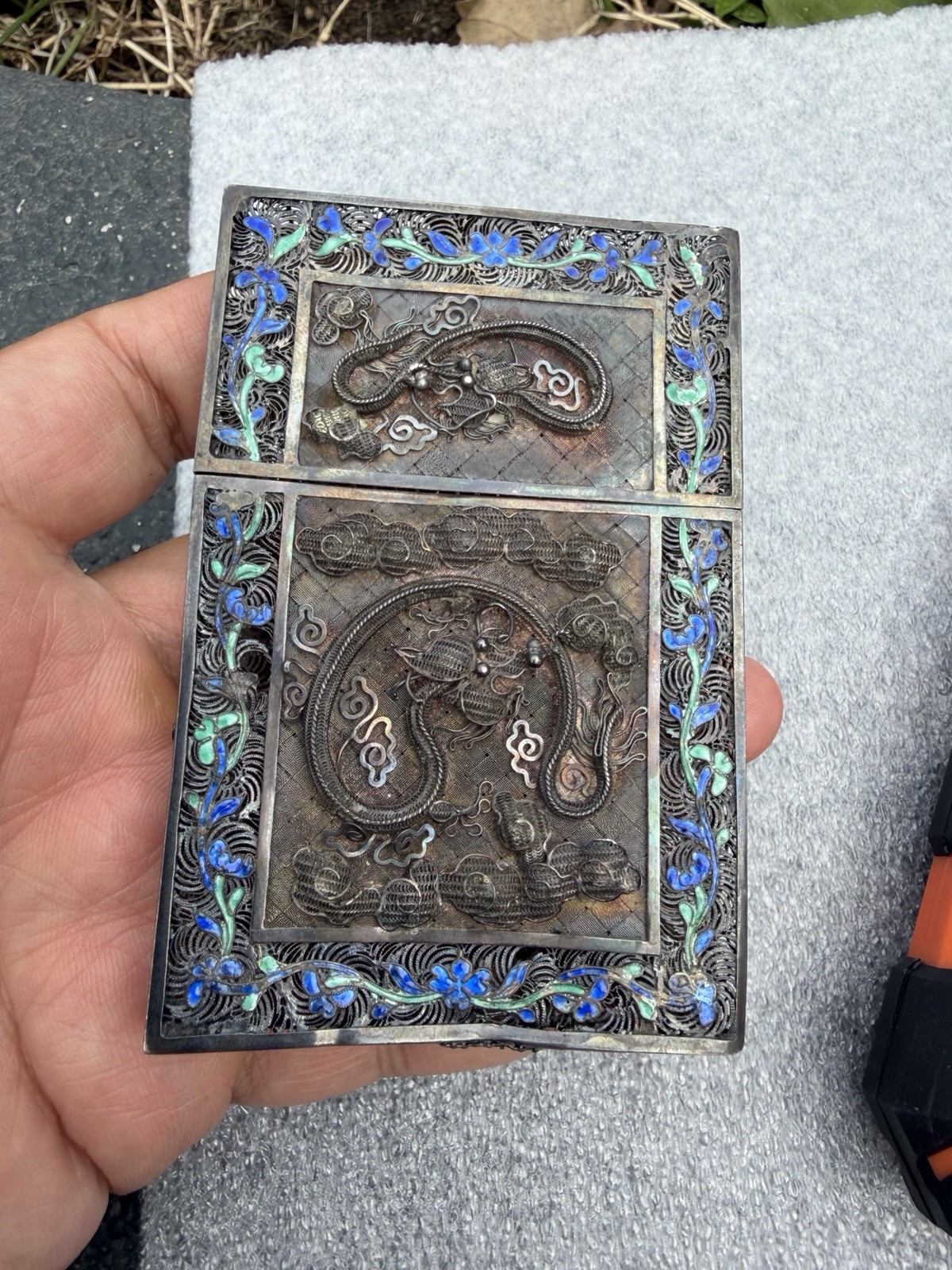 Antique Export Silver Enamel Case Card Holder
