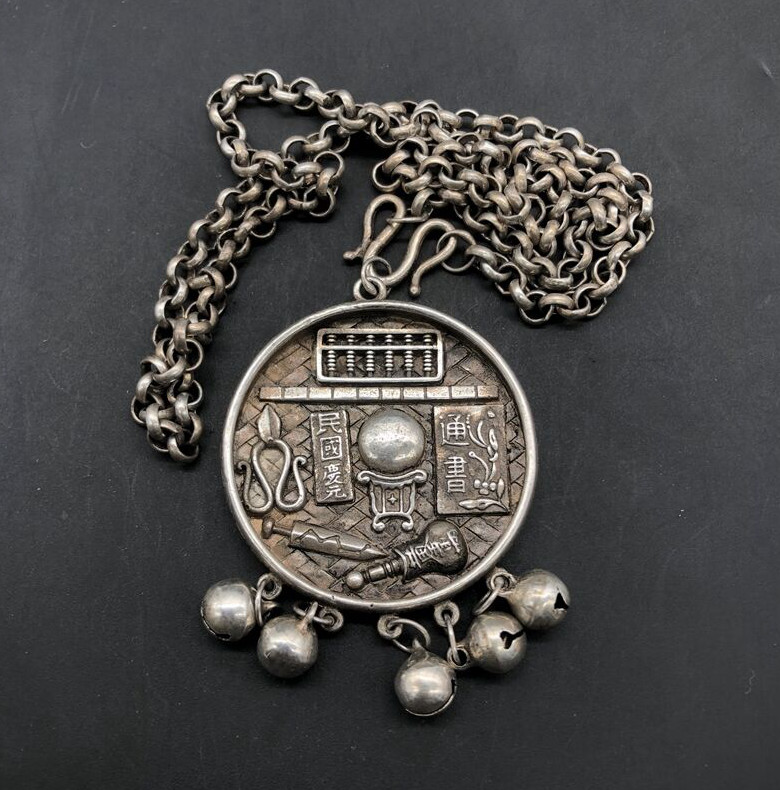Early folk collection of old silver handmade round brand pendants and necklaces