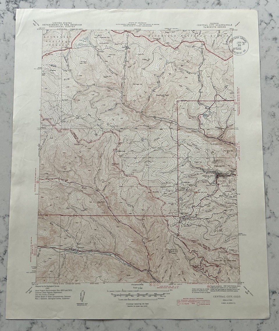 VINTAGE CENTRAL CITY COLORADO GEOLOGICAL SURVEY TOPOGRAPHICAL MAP 1944 USGS