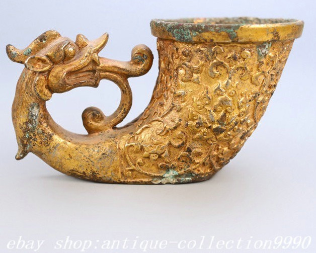 4.7″ China bronze Gilt 24K gold palace Dragon Beast Jue Cup Goblet Wine Glass