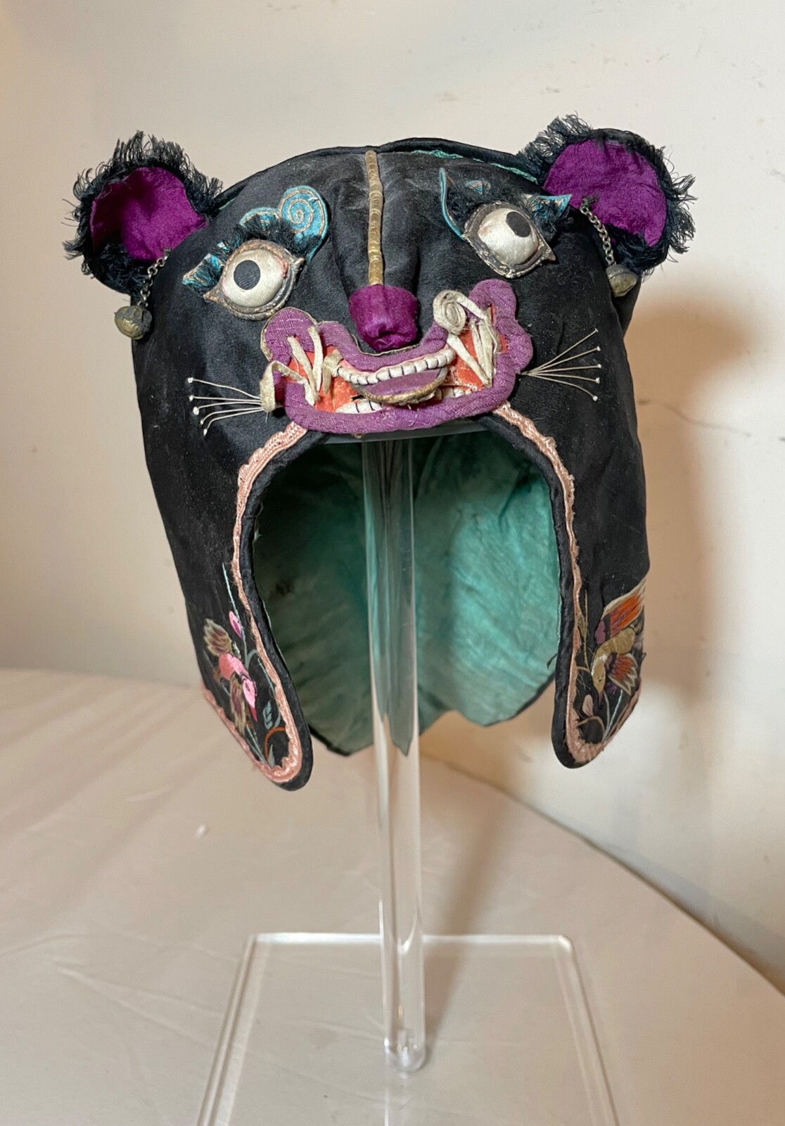 Antique 1800’s Chinese Embroidered Silk Children’s festival parade figural Hat