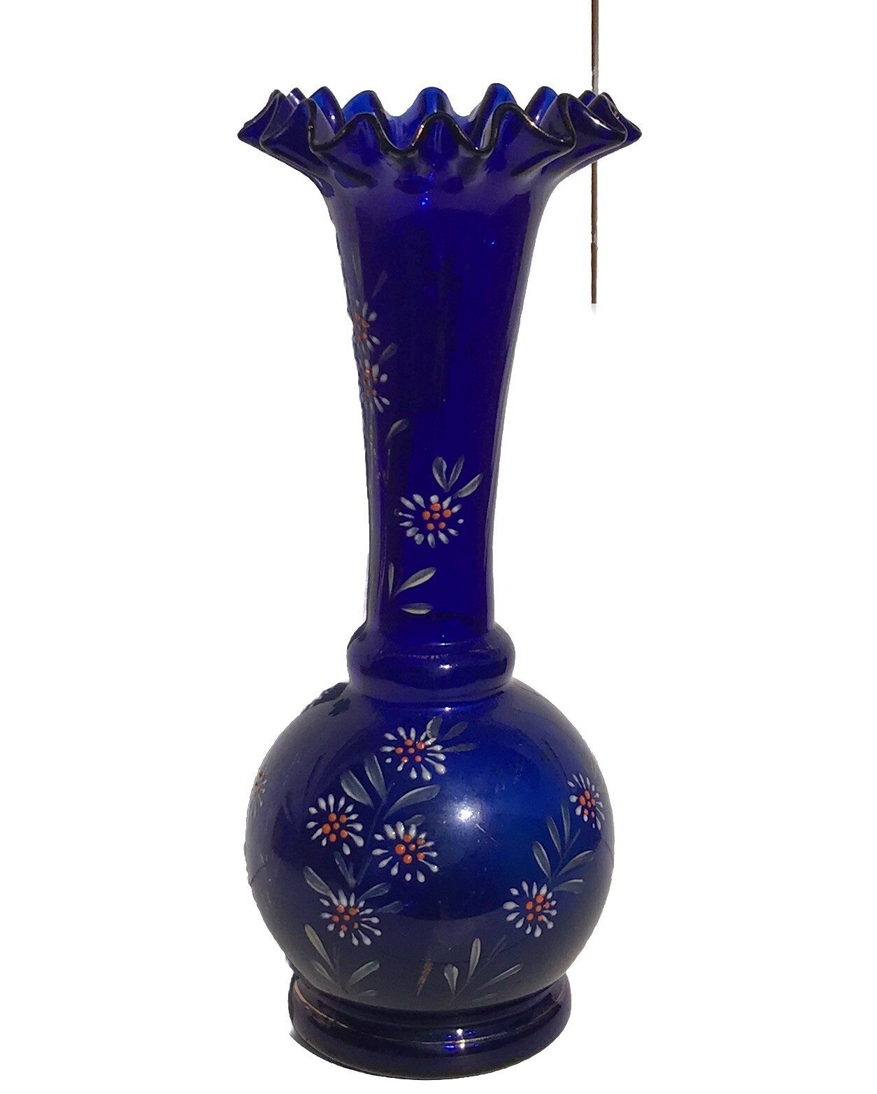 Antq Victorian Cobalt Blue Blown Glass Bulb Vase Hand Painted Gold Vtg Floral