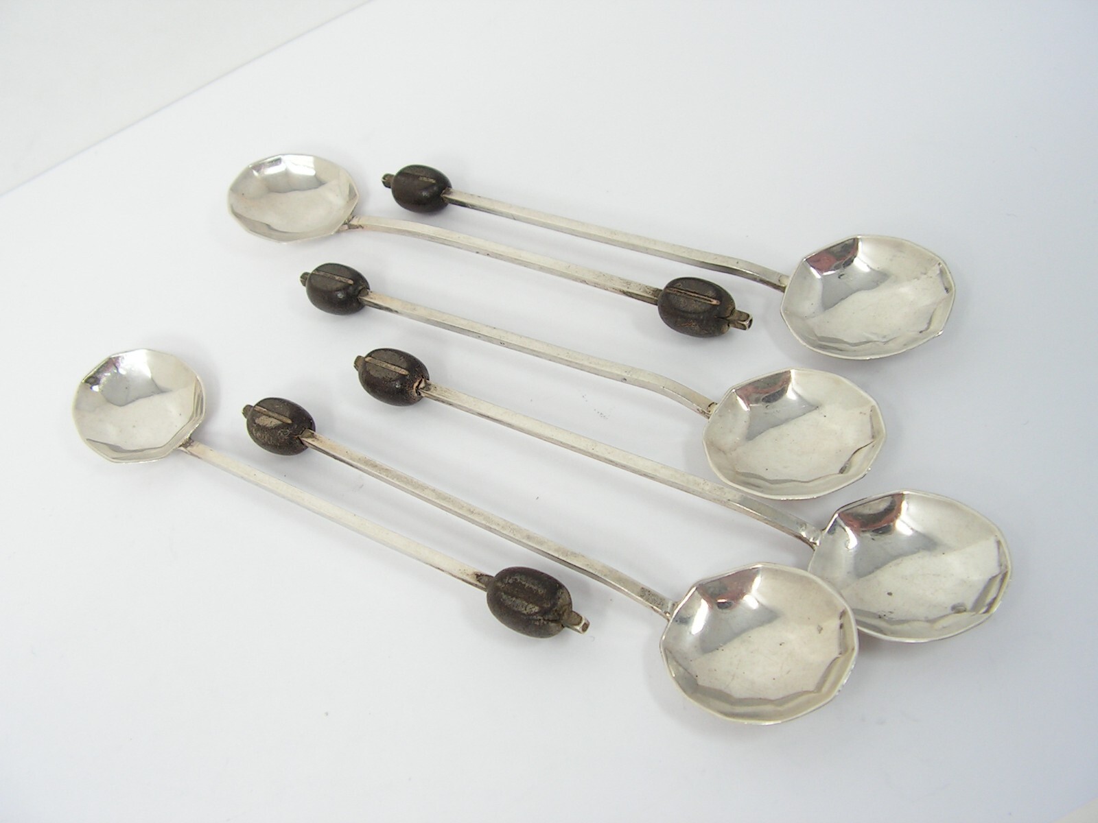 RARE EDWARD VIII 1936 SET OF 6 ART DECO STERLING SILVER COFFEE BEAN SPOONS