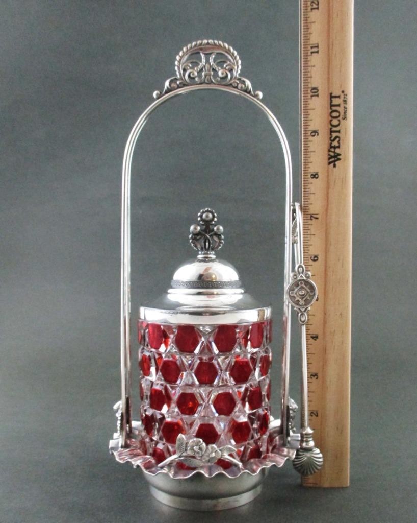 RUBY flashed EAPG Hex BLOCK jar – Antique PICKLE CASTOR – ACME #1135 Quad Silver