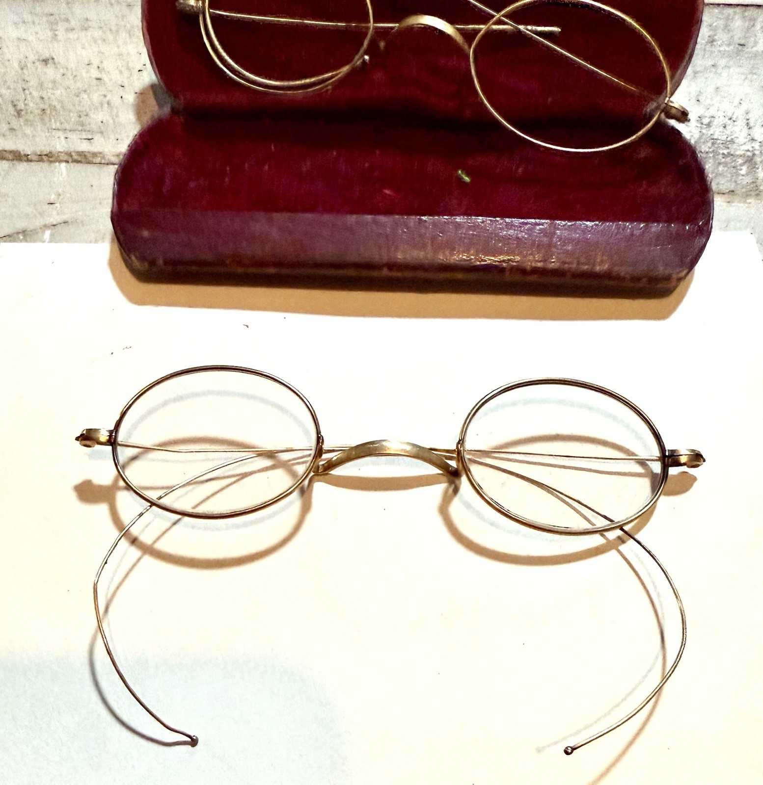 Antique Pair 1880s wire gold eyeglasses TWO w/case One As Is