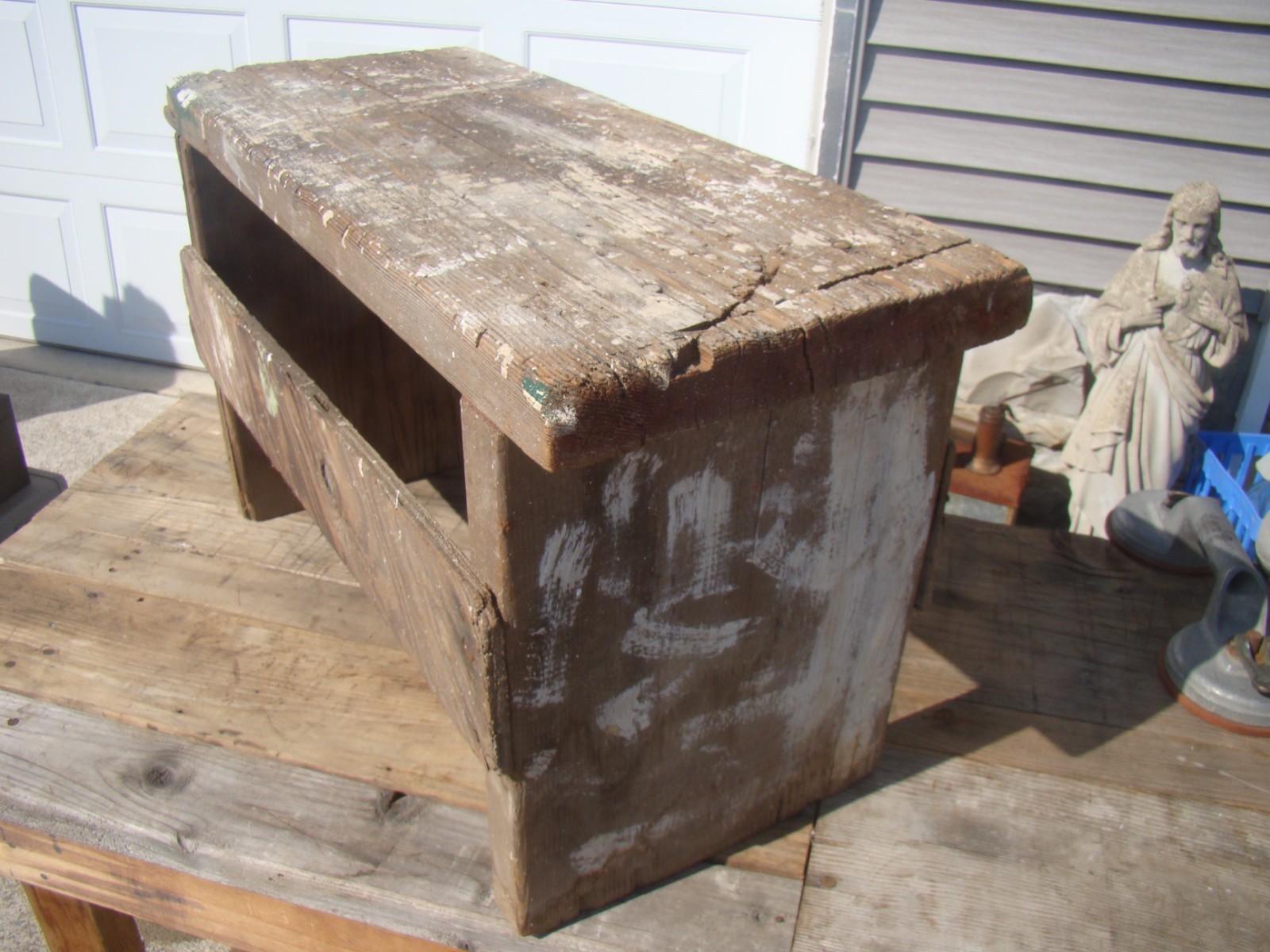 Antique Folk Art Wooden Stool / Bench Splatters of Old Paint Patina.