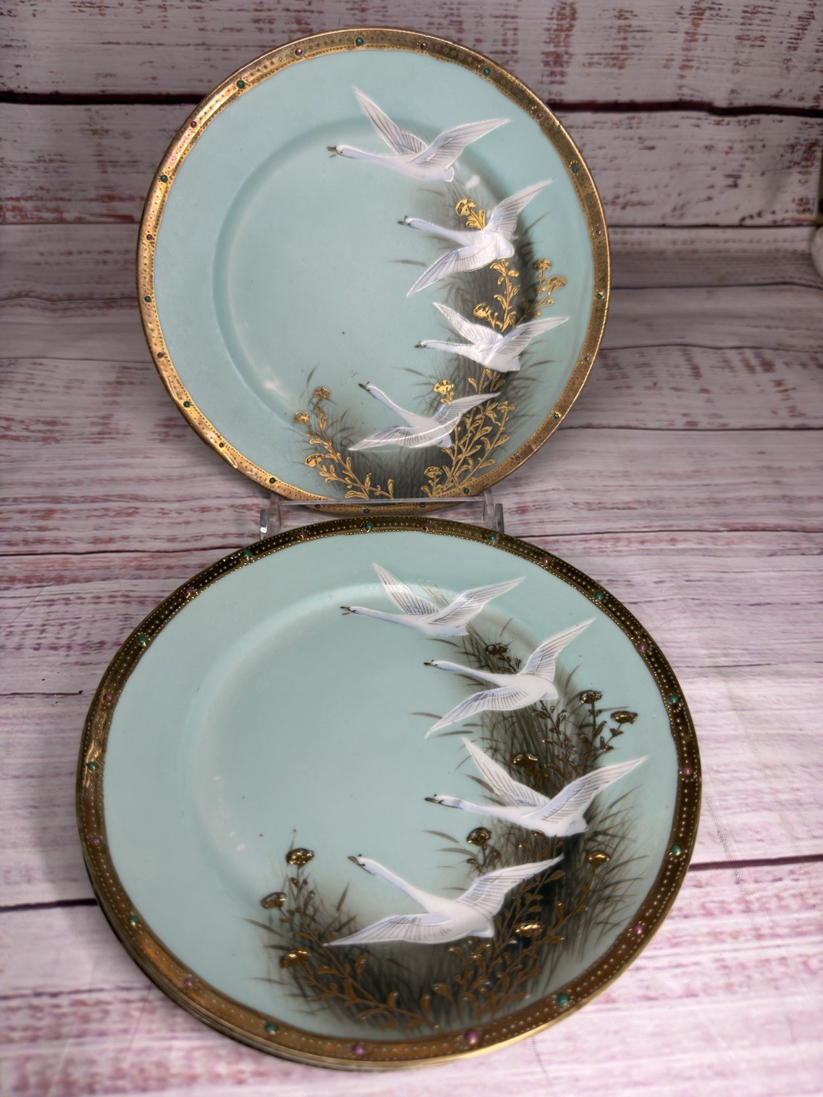 Antique NIPPON FLYING GEESE 3 LUNCH PLATES Heavy Gold Moriage Jeweled Paulownia