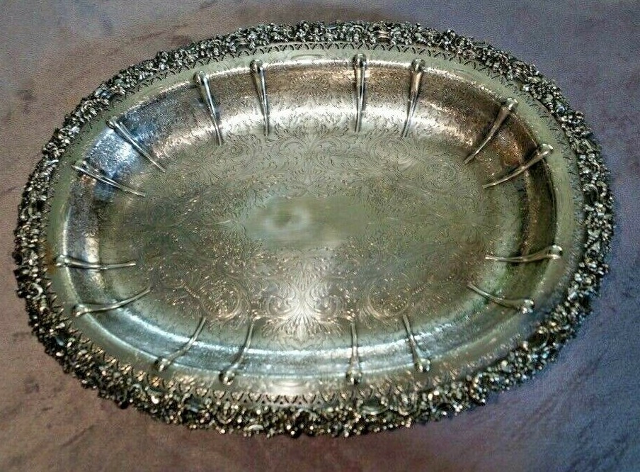 Vintage Oval Silverplate Platter Ornate 18″ x 13 1/2″ Barker Ellis England