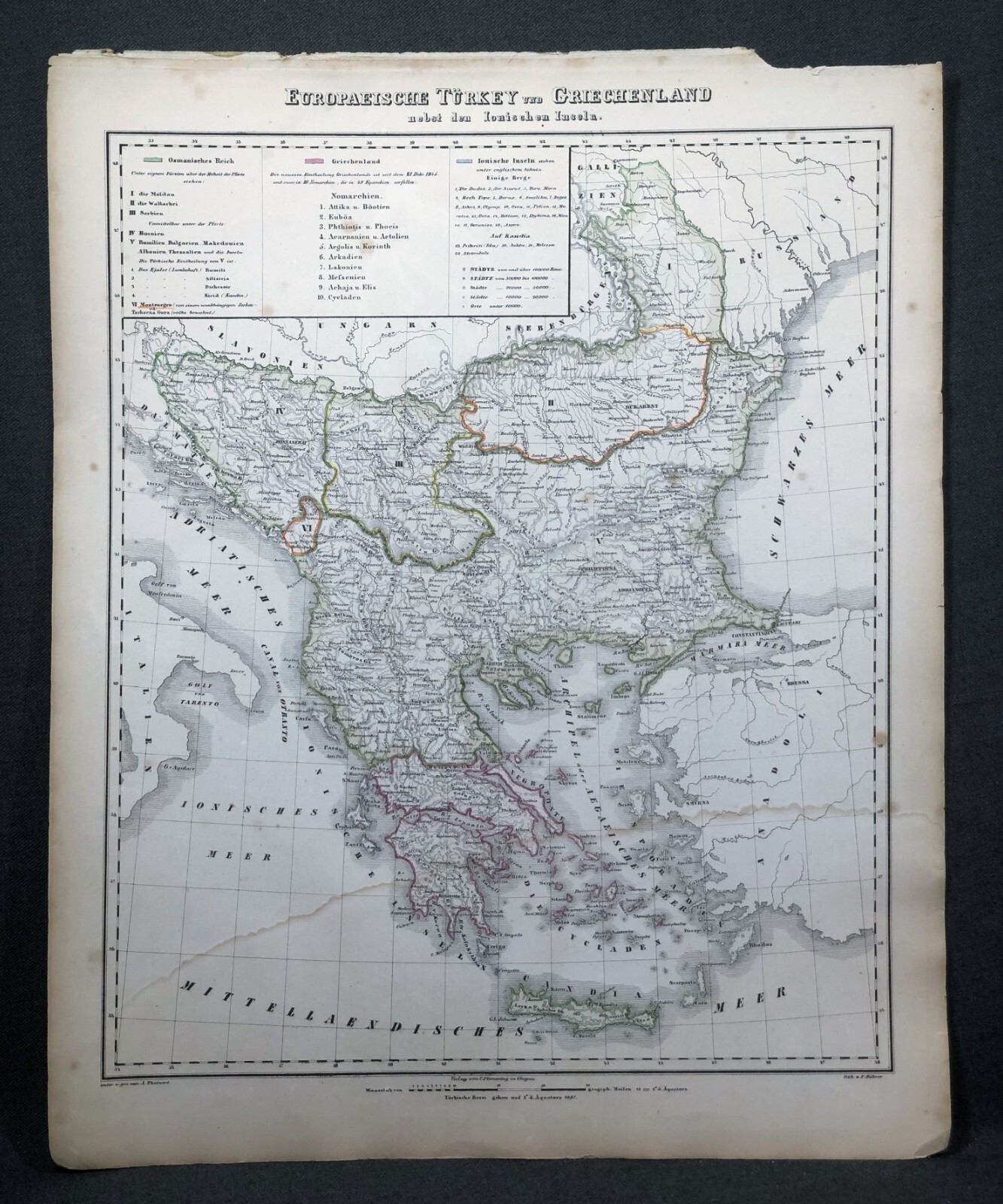 1851 GREECE and TURKEY Antique Vintage Map Sohr Berghaus Original Color