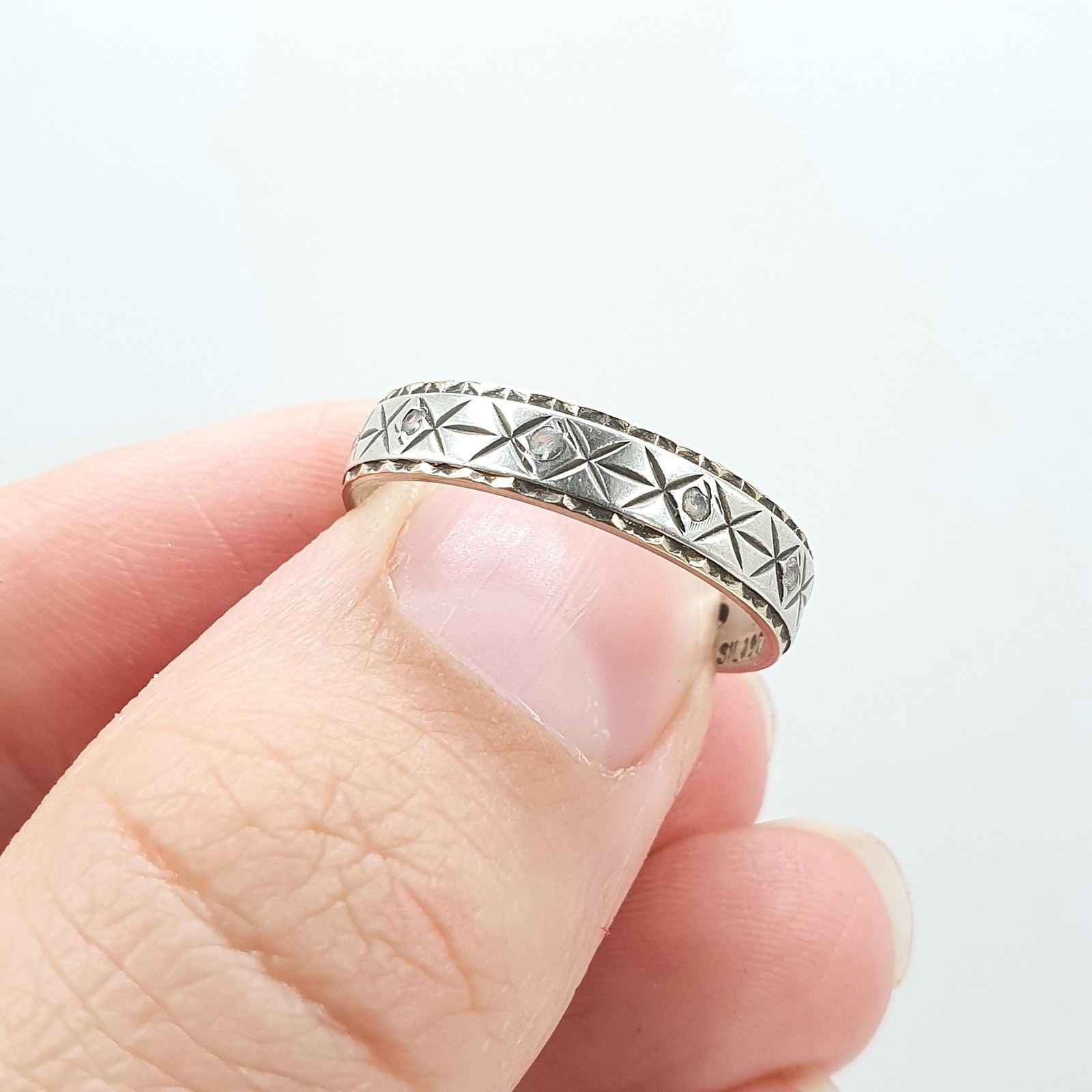 Antique 9ct Gold & Solid Silver White Spinel Eternity Ring X Pattern Vintage