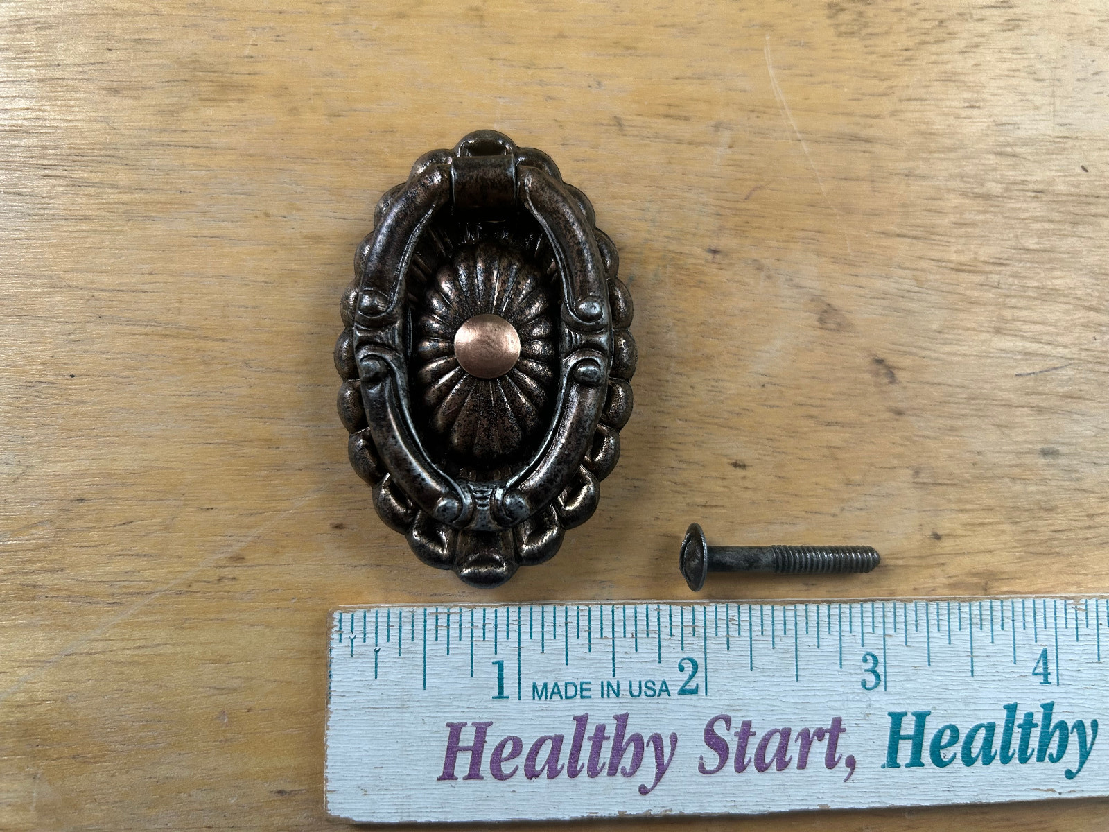 1 Ornate Mid Century Lightly Cleaned Single Hole Drawer Pull, Free S/H