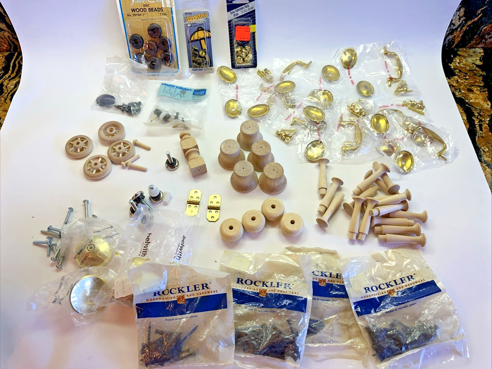 Woodworking Craft Hardware Lot Brass Pulls Wood Knobs Wheels Pegs Tacks NOS