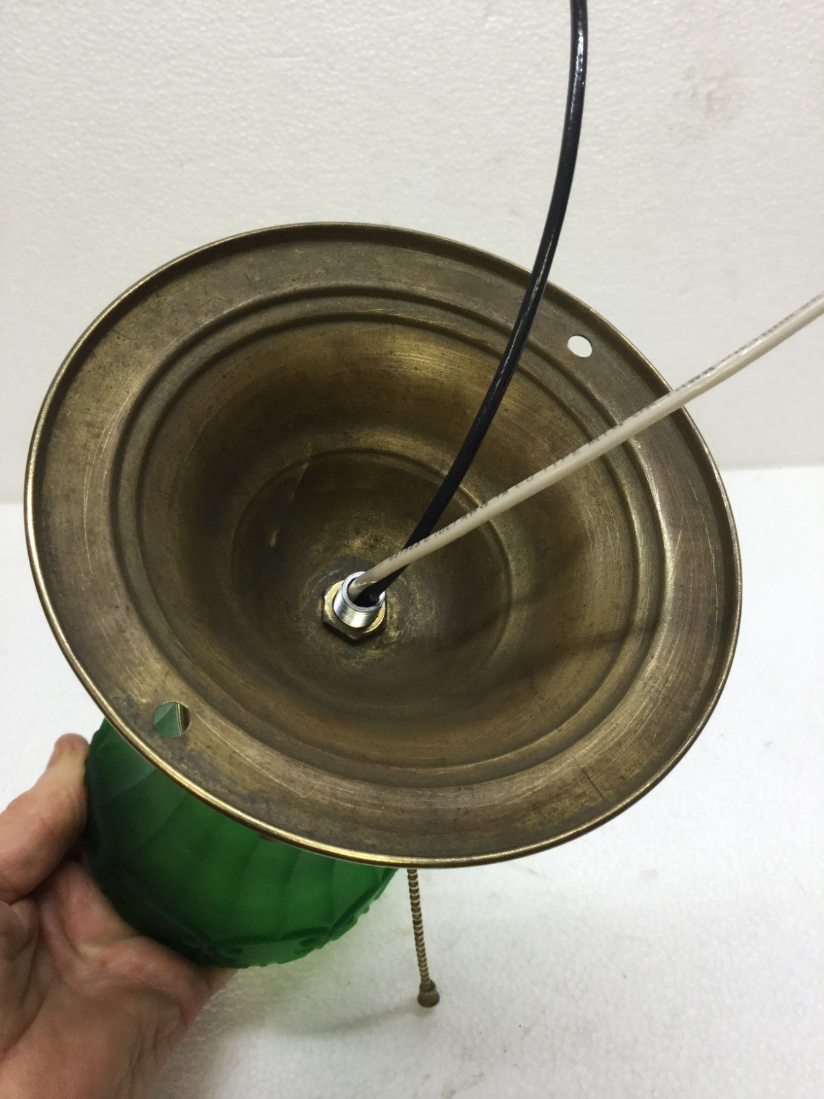 Antique Brass & Nickel Ceiling Light Fixture Green Glass 2 1/4″ Shade Pull Chain