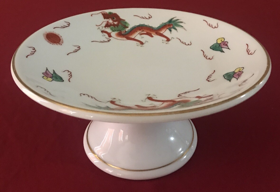 Antique Luo Sen Chinese Pedestal Serving Bowl Gold Accents Dragon Flaming Pearl