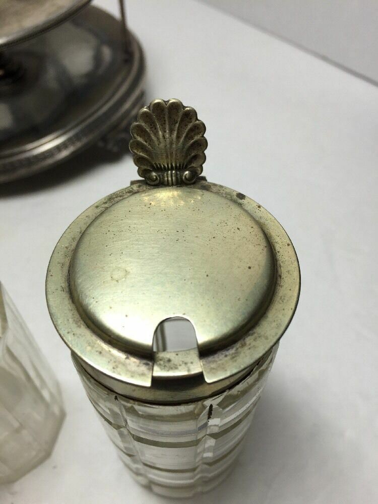 Antique Condiment Server Silver Plate Glass Jars Stamped Damaged A523