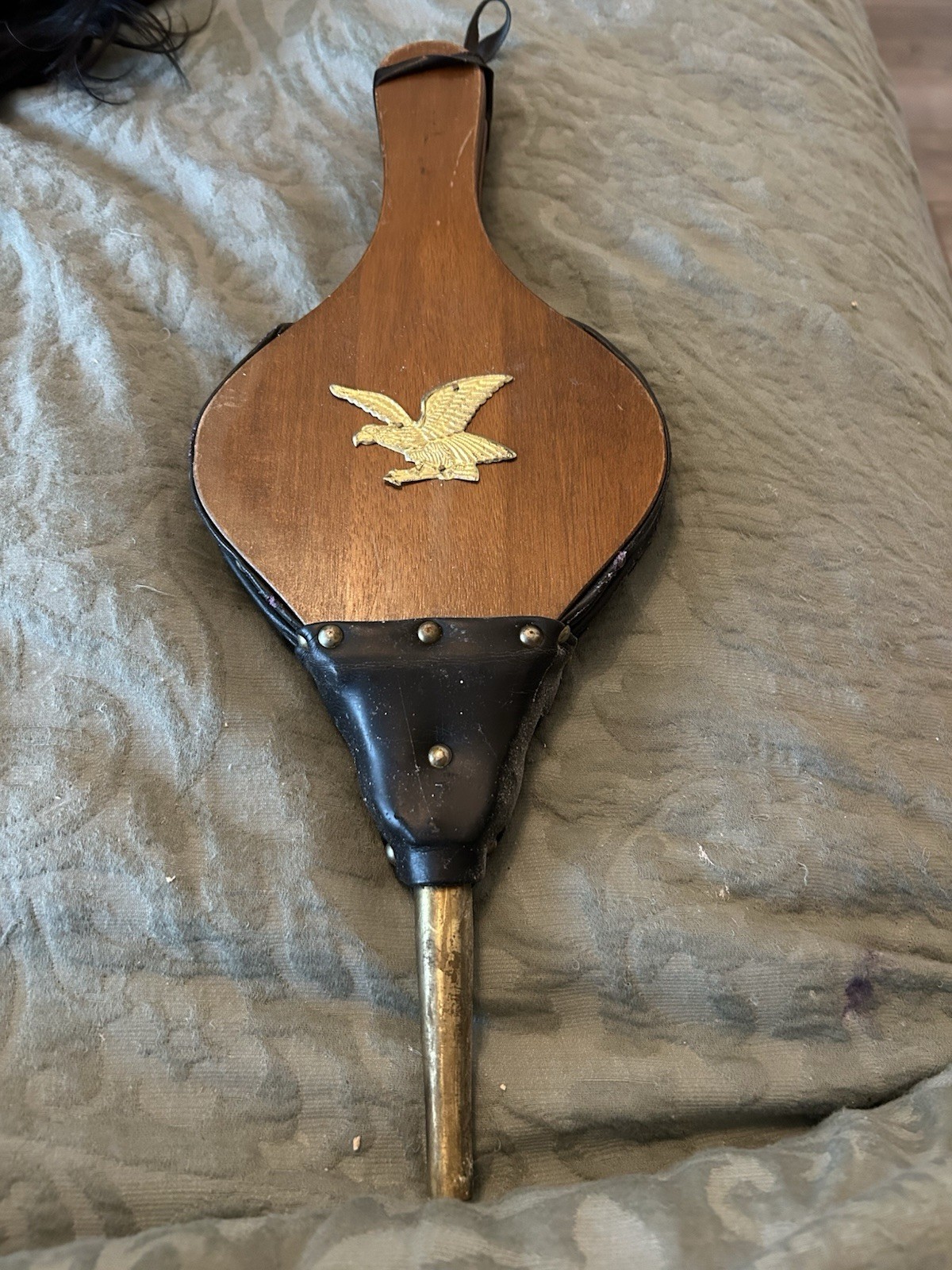 Vintage Fireplace Bellows Wood Leather & Brass Eagle Emblem 15” Well Used***
