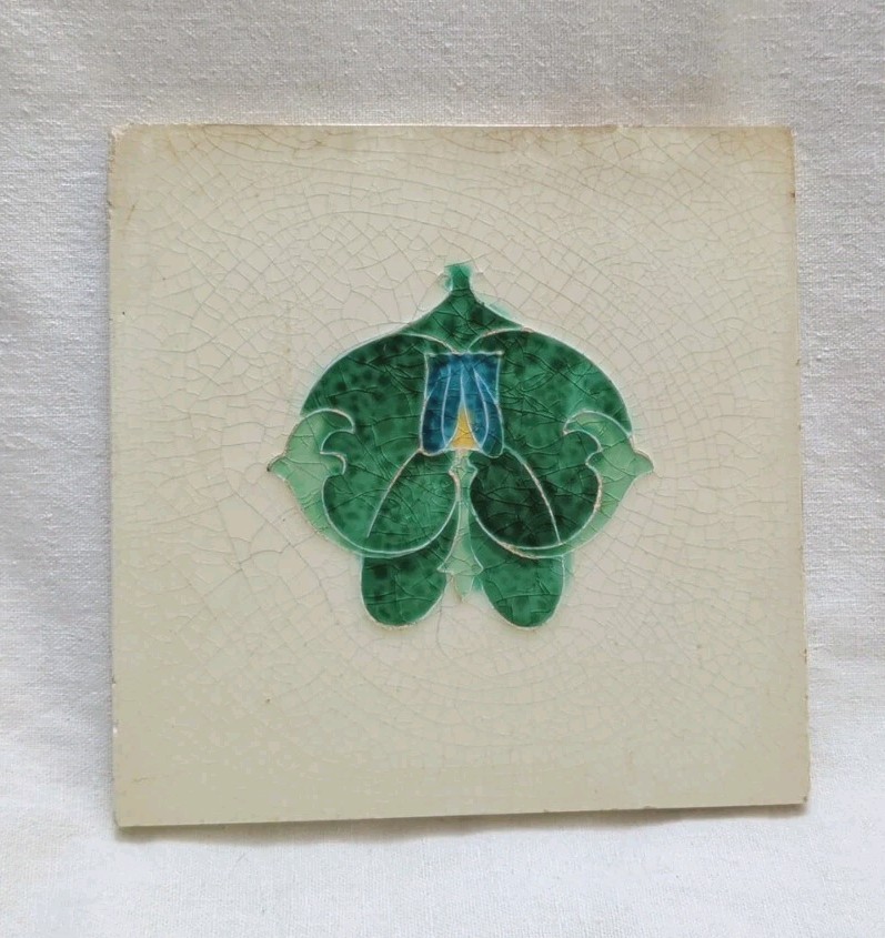 Antique 6 Inch ART NOUVEAU TILE cream green blue Good Condition Blue Tulip