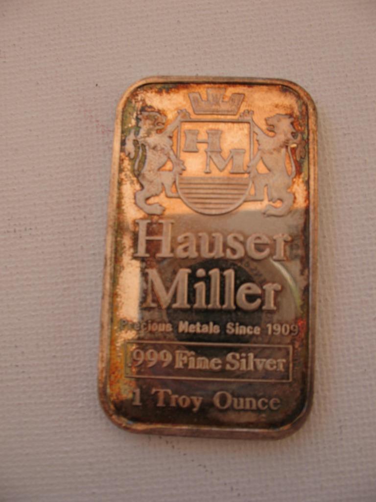 1-OZ.999 PURE SILVER RARE HAUSER MILLER OLD BULLION BARTER ART BAR +GOLD