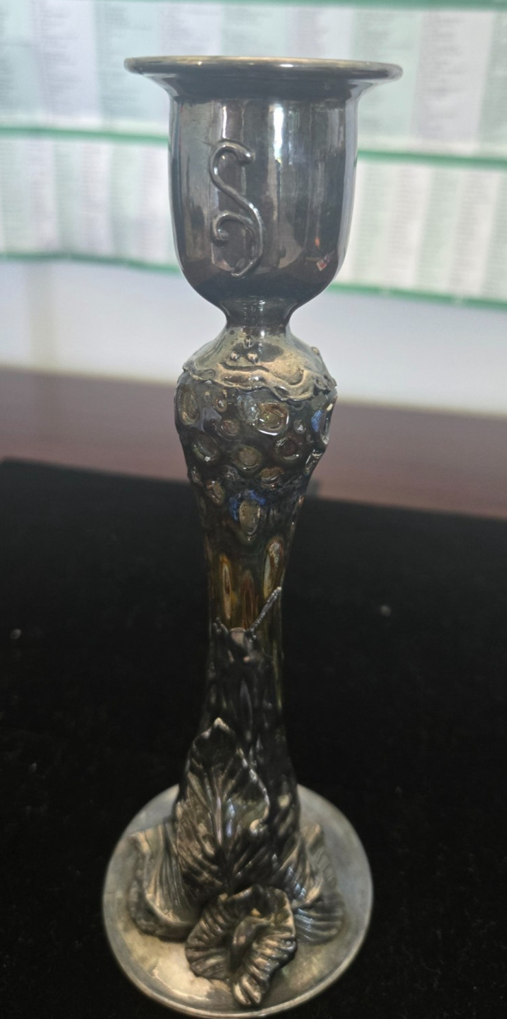 Antique Art Nouveau Sterling Silver and Blown Glass Candle Holder