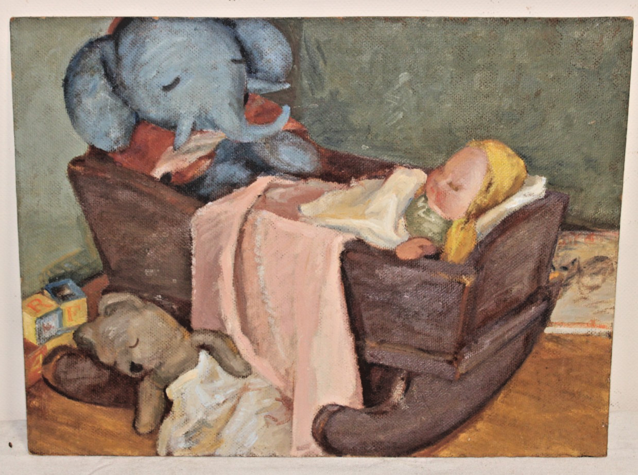 ANTIQUE FOLK ART OIL PAINTING Sleeping Toys Cradle Baby Nursery Doll Teddy Bear