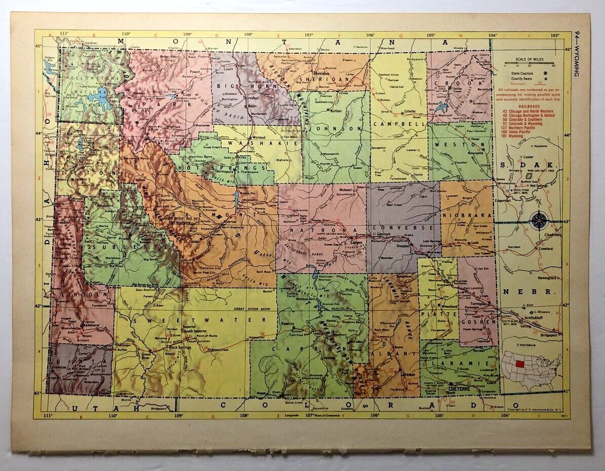 1950’s Vintage WYOMING Antique Atlas Map – Hammond’s New World Atlas