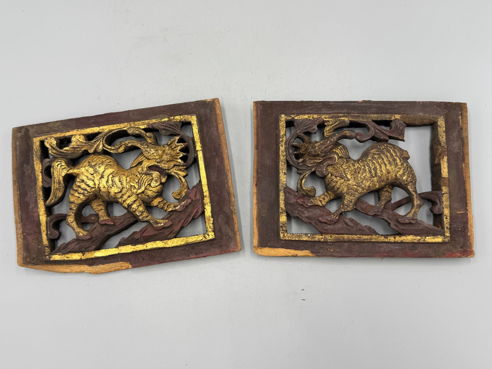 Pair of Antique Chinese Qing Wood Carving Panels – Qilin (Kylin) Motif