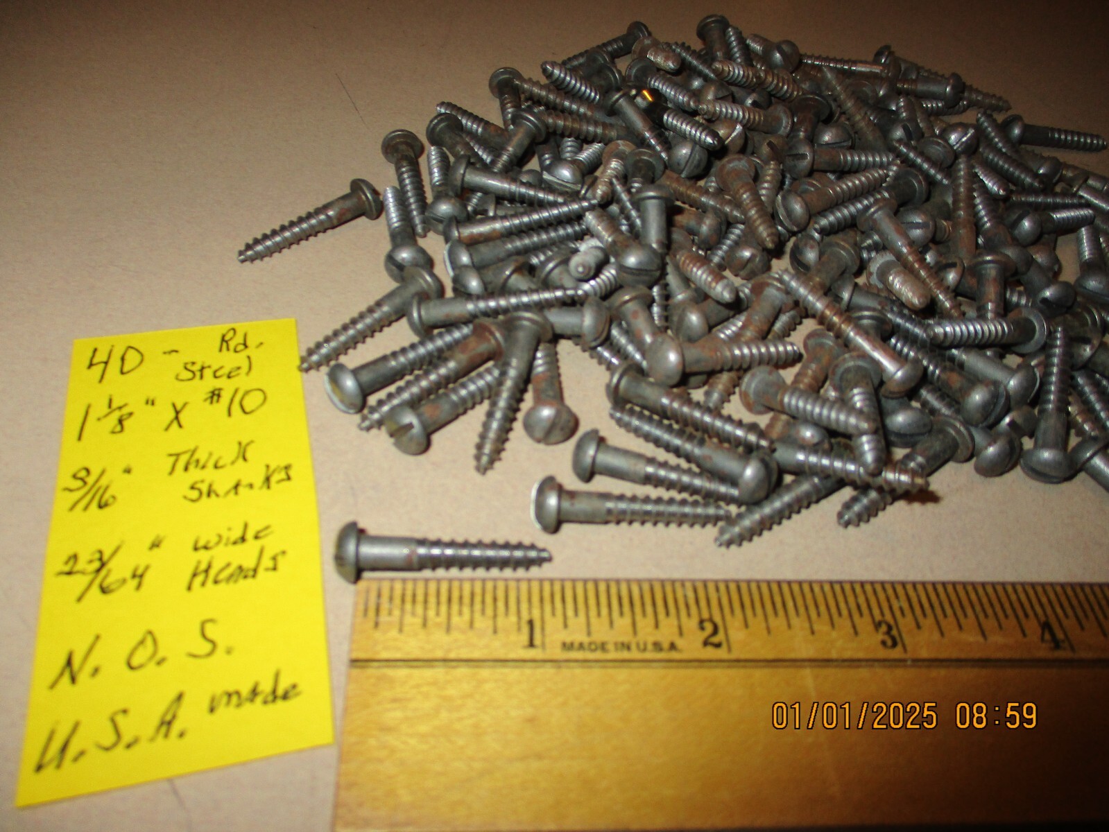 40–NEW-OLD STOCK, SLOTTED ROUND HEAD STEEL WOOD SCREWS 1 1/8″ LONG X #10=3/16″