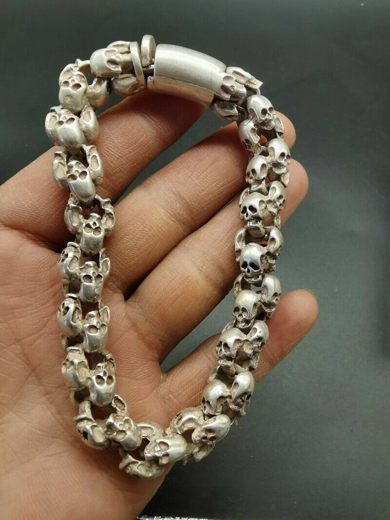 Silver Hand-carved Skull Luck Bracelet New