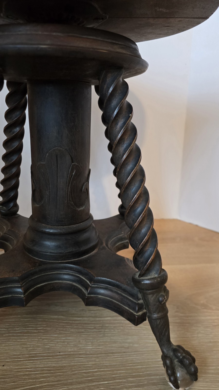 DWN•Vintage Antique TONK Wood Piano Stool Adjustable Height Claw Glass Feet