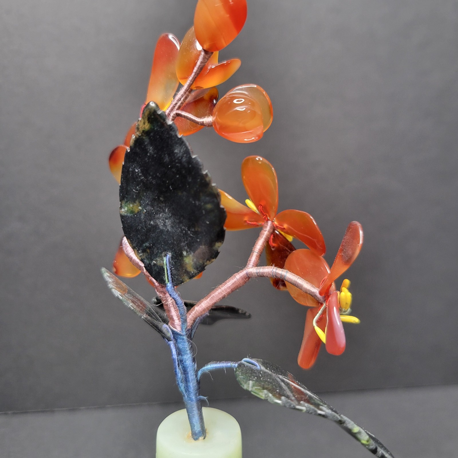 Chinese Agate Stone Jade Orange Red Glass Flower Floral Tree Marble Vase