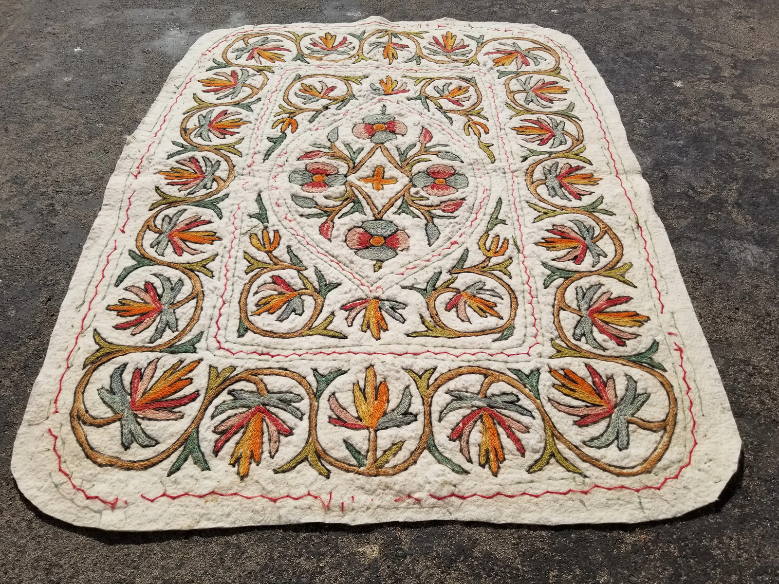 Vintage Handmade Kashmiri Aari Work Namda Wool Multicolor Rug 4.0×2.1 ft