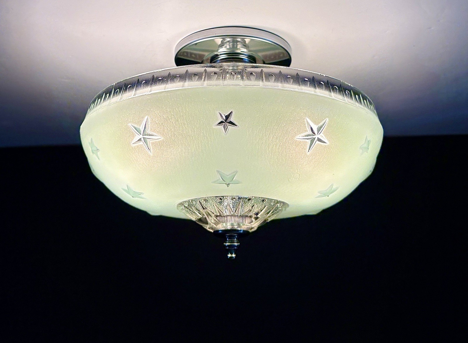 Antique 1930s 40s Art Deco Machine Age Green Ceiling Light Fixture Federal Stars