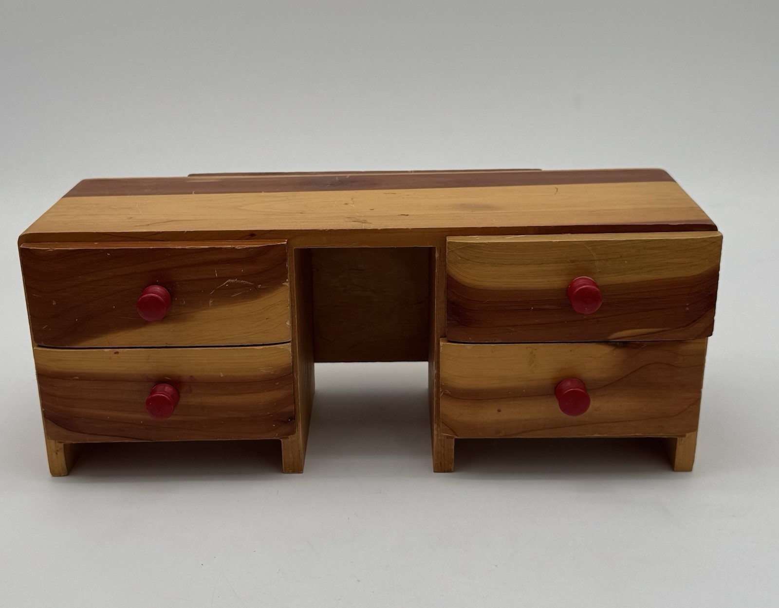 Salesman Sample Cedar Vanity Chest of Drawers Vintage Red Knobs – No Mirror