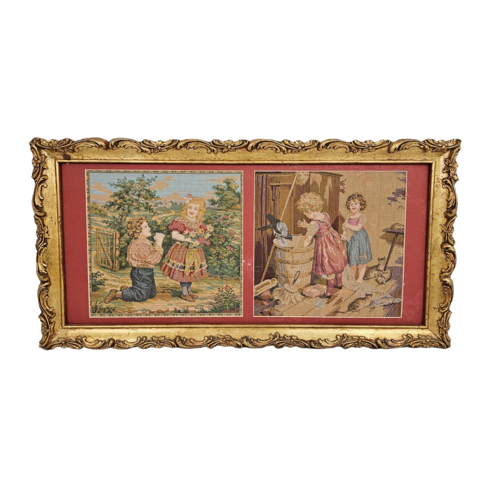 Vintage Framed Tapestry Wall Art Decor Children Ornate Gold Frame Granny Chic