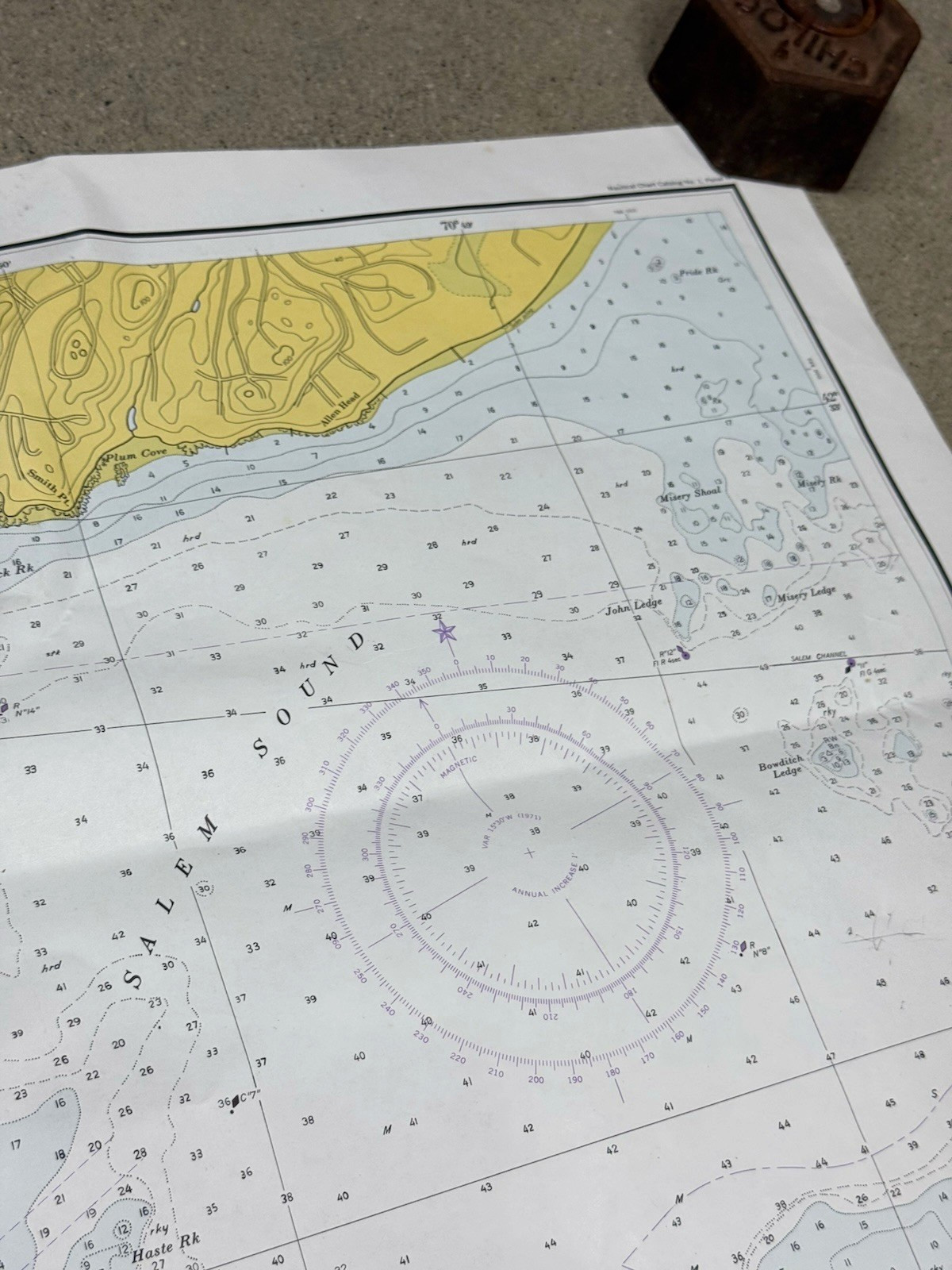 1972 SALEM, MARBLEHEAD, BEVERLY Nautical Chart HARBORS 33.5″ x 33.5″