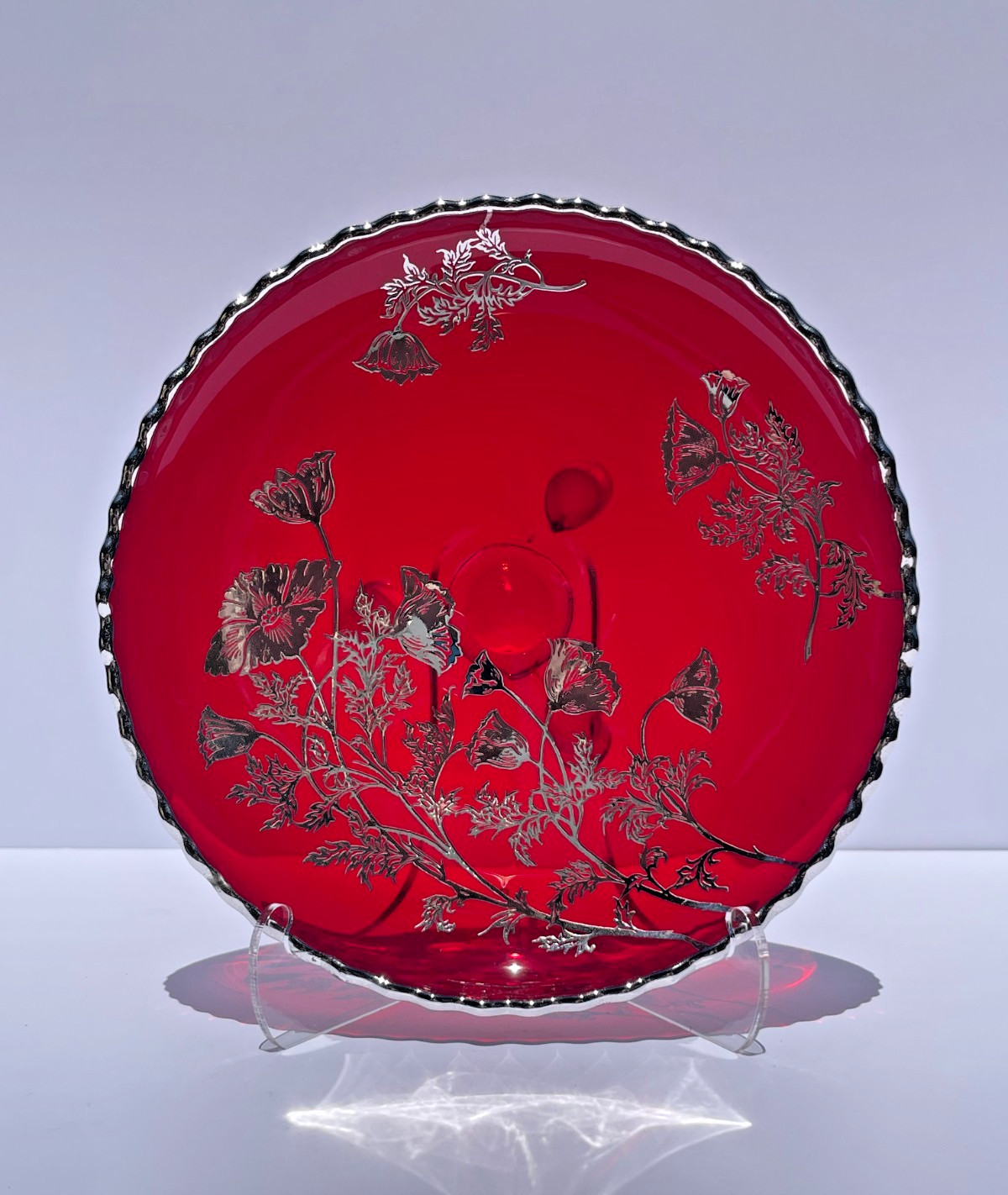 Ruby Red Glass & Silver Floral Overlay Round Dish | Tripod Base