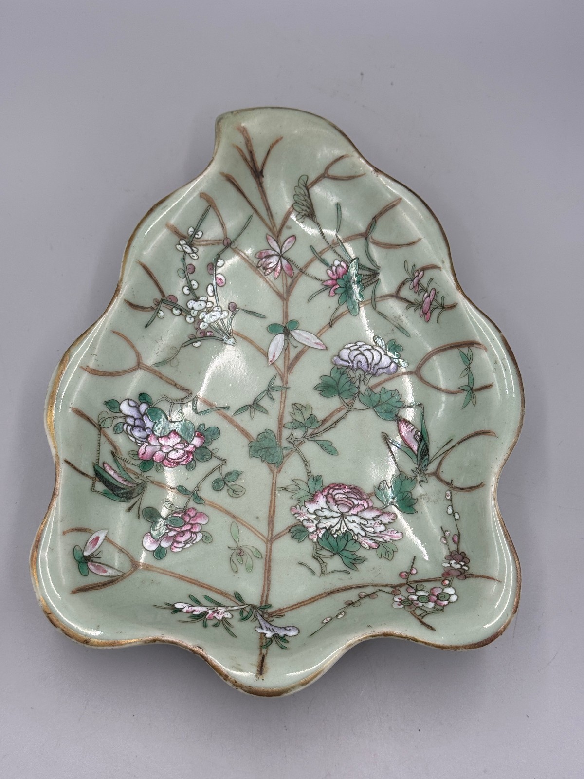 Antique Chinese Celadon Famille Rose Leaf Shaped Dish, Insect & Floral, 19th C