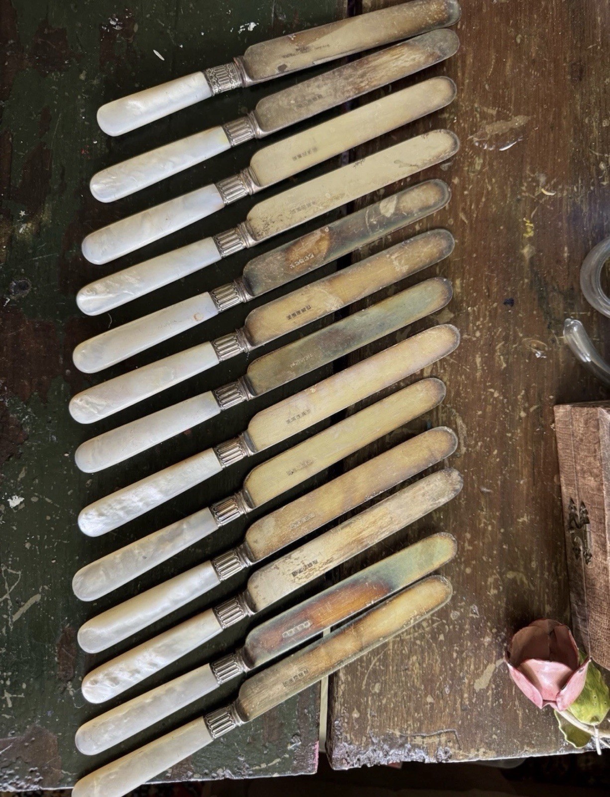Antique Mother Of Pearl Handled Silver Butter Knives Lot Of 13 Stamped