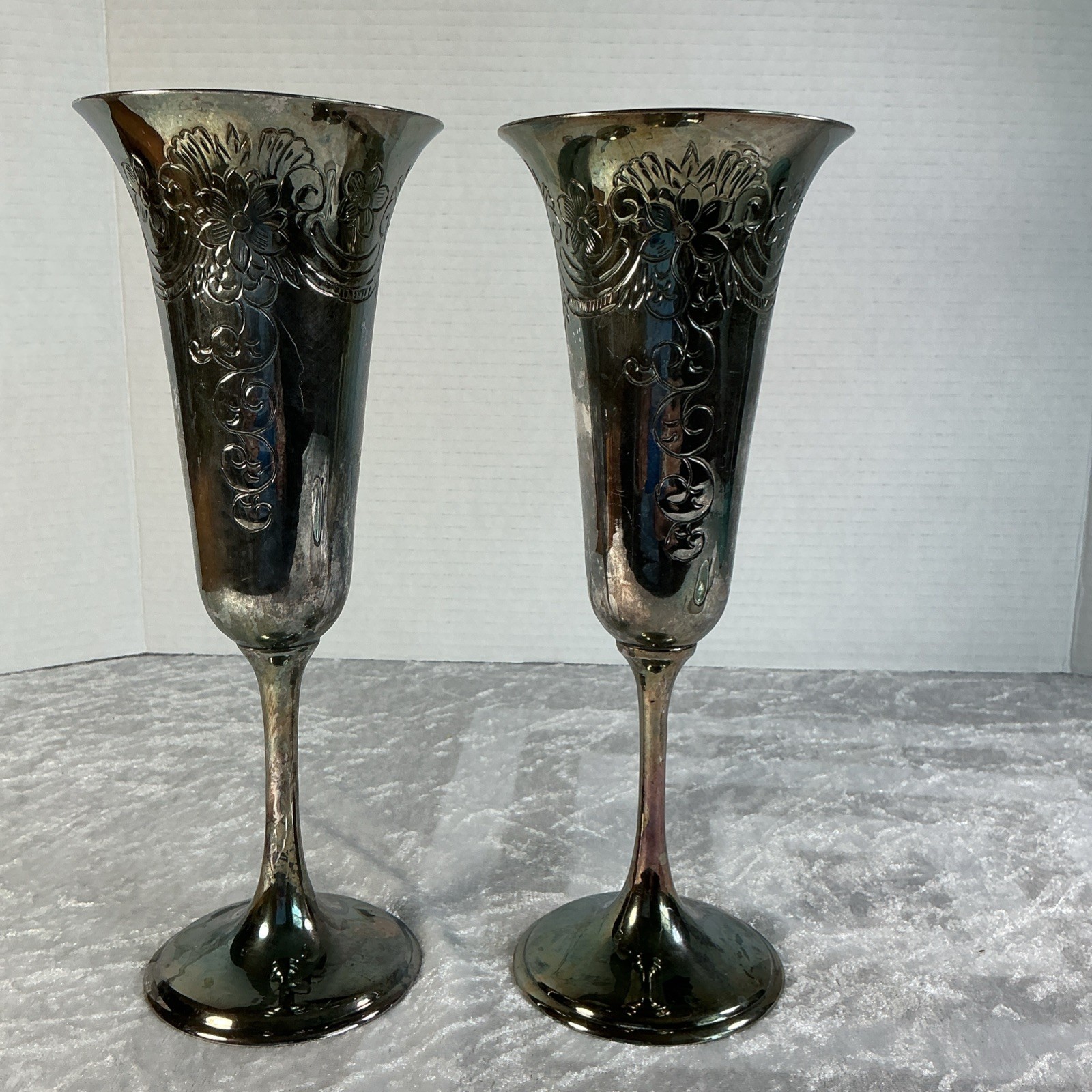 Antique Pair 2 Silver Plate Chalice Champagne Beautiful Patina Unpolished 9.5