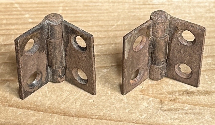 #1997–Antique TWO (2) Small 1800s Metal Cupboard Door Butt Hinges 1 1/8” h.