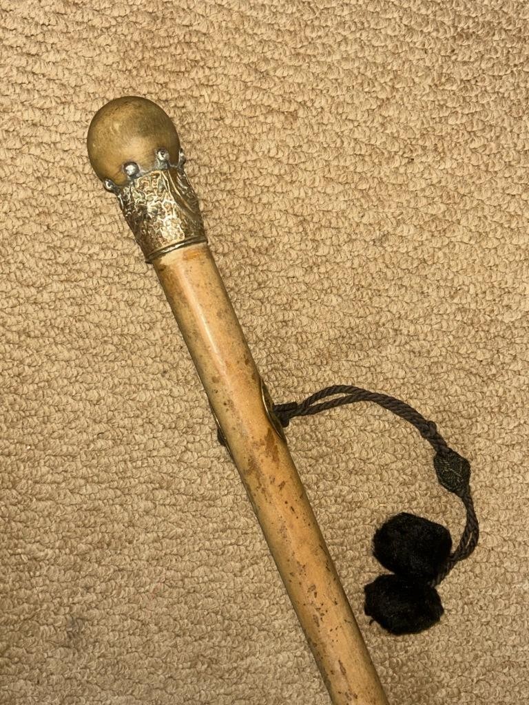 Antique Malacca Walking Stick / Cane – Bovine Horn Ball Top & Repousse Collar