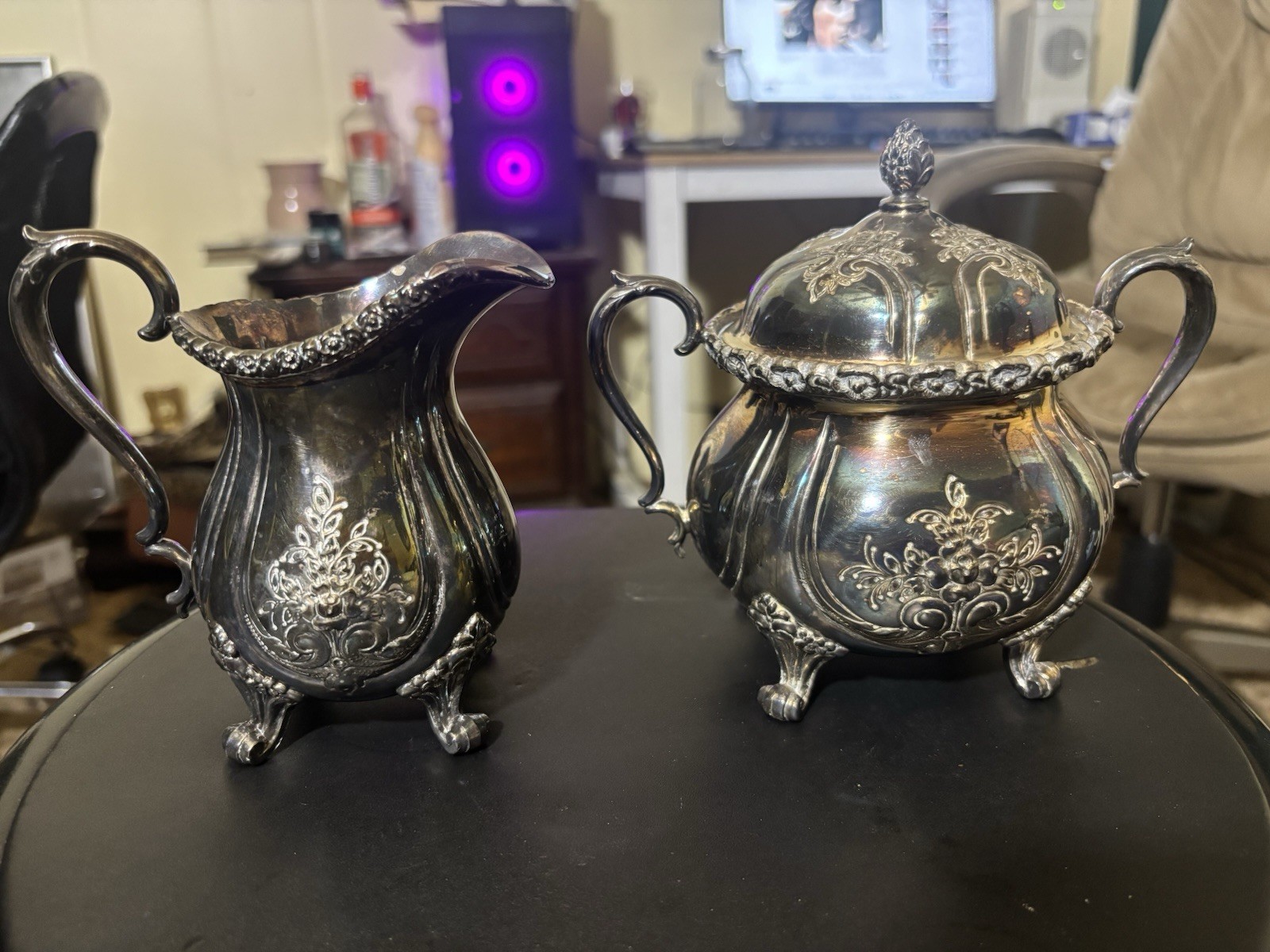 Victorian Ornate Floral Silverplate Creamer & Lidded Sugar Bowl Set, 2-Piece