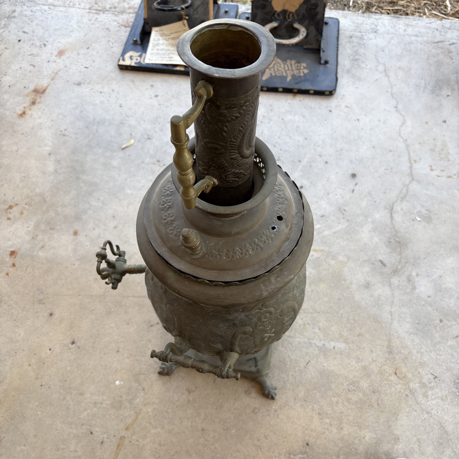 Antique Middle Eastern Samovar Large Engraved Brass Tea Urn Footed Base Unique