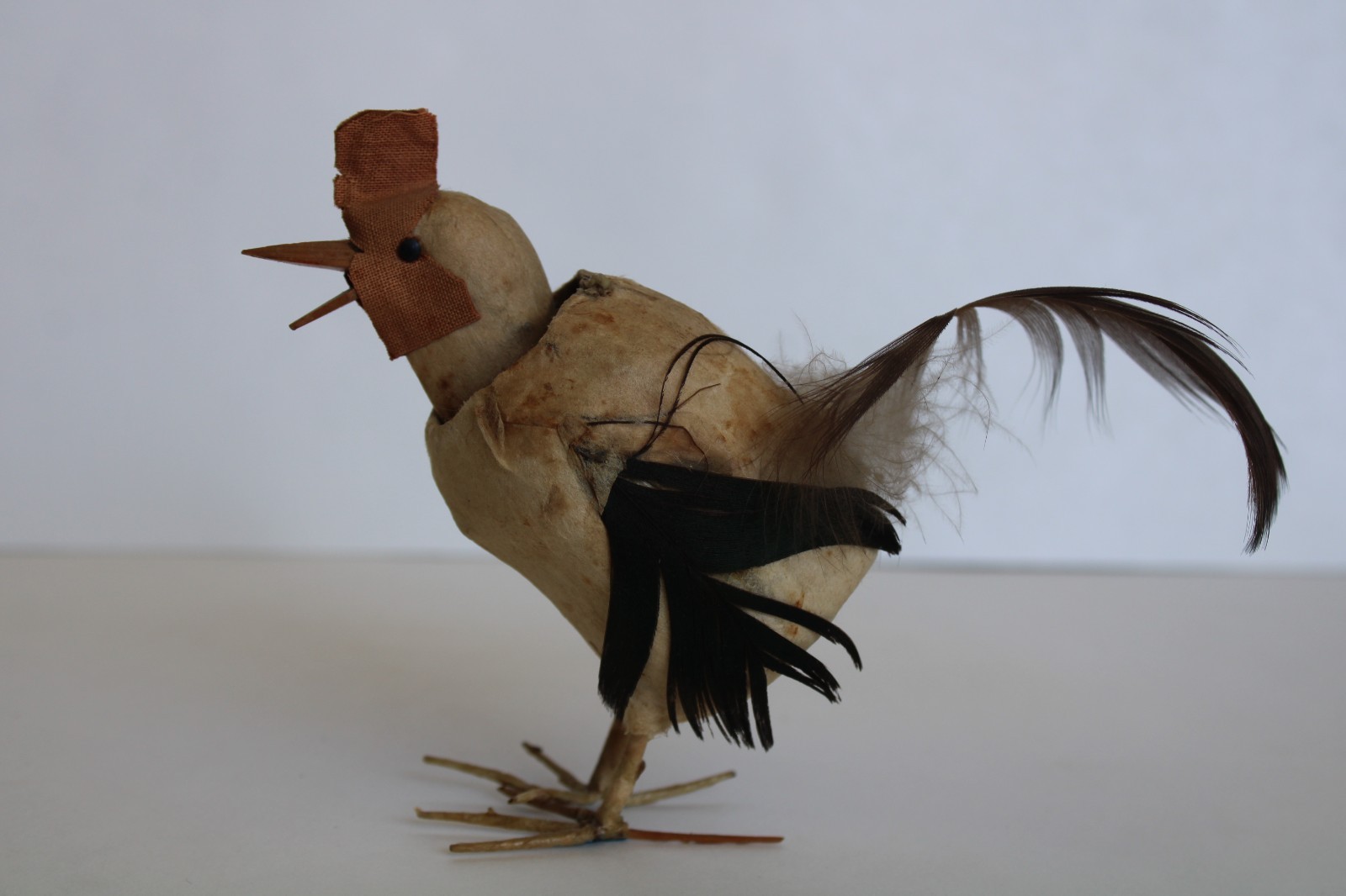 Vintage Japanese Paper Mache Easter Chicken Nodder w/ Feathers