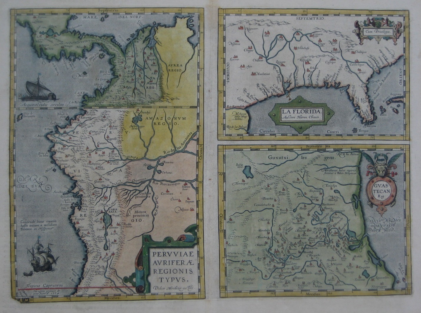 Original 1606 Ortelius 3-Panel Map LA FLORIDA Panama Colombia Peru Amazon Mexico