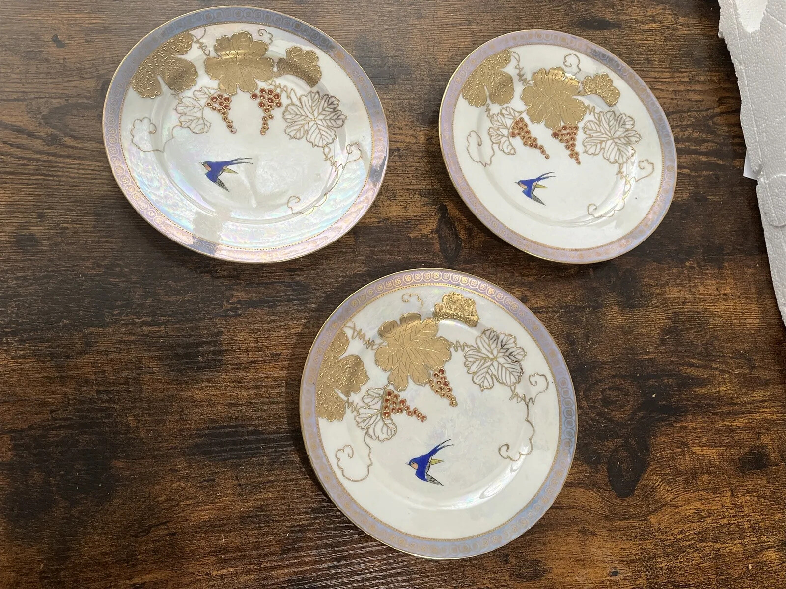 Vtg Japanese Hand Painted 7” Porcelain Plate Floral Swallows Birds 3 Pieces