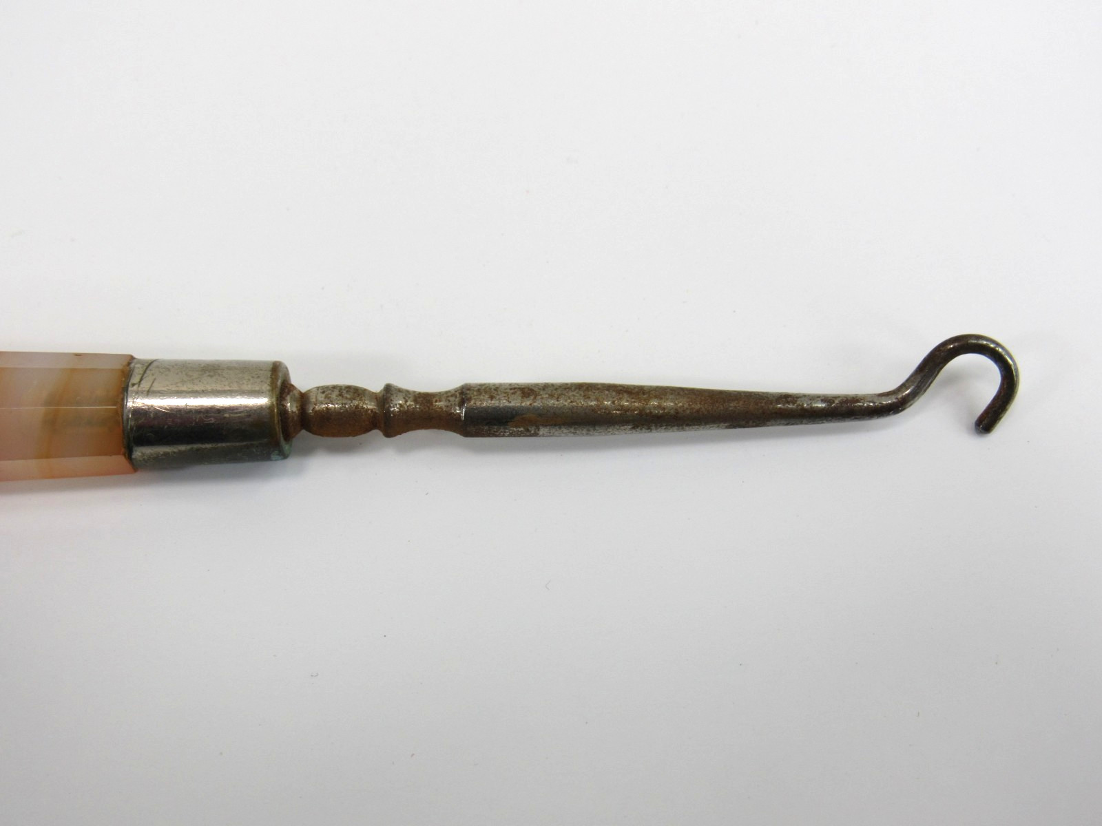 Antique Victorian Button Hook Glove Hook w/ Banded Agate & Glass Handle