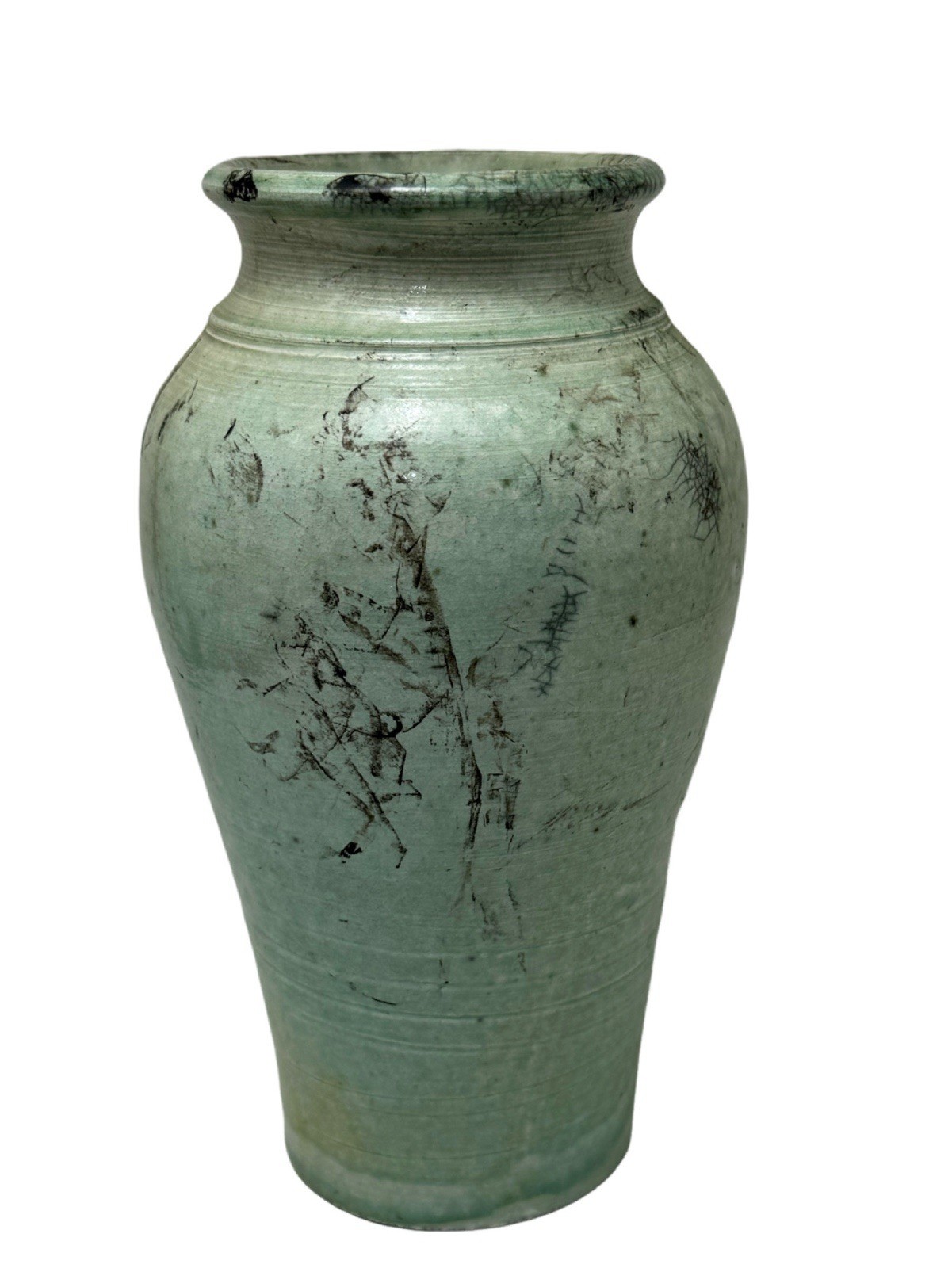 Japanese Earthenware Pottery Vase Ash Glaze Green 8.25″ EUC 1890-1920 Antique